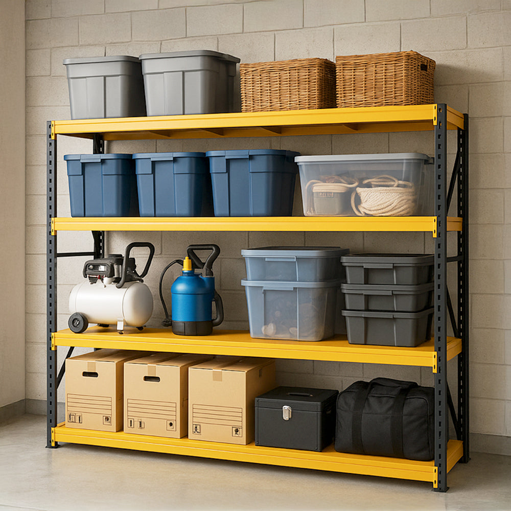 Heavy-Duty 4-Tier Shelf, Industrial-grade metal storage rack with 5500 lbs load capacity. Adjustable 4-tier design, ideal for garages, warehouses, tools, and heavy equipment.