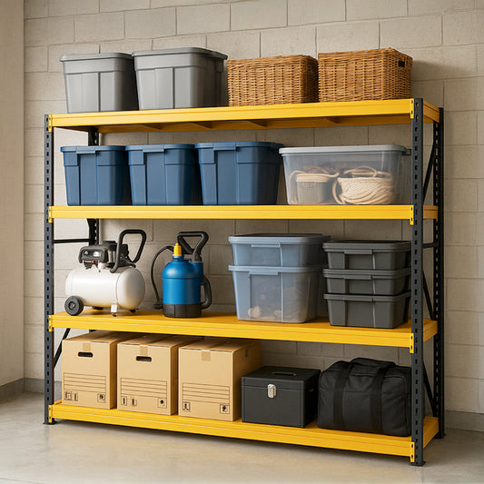 Heavy-Duty 4-Tier Shelf, Industrial-grade metal storage rack with 5500 lbs load capacity. Adjustable 4-tier design, ideal for garages, warehouses, tools, and heavy equipment.