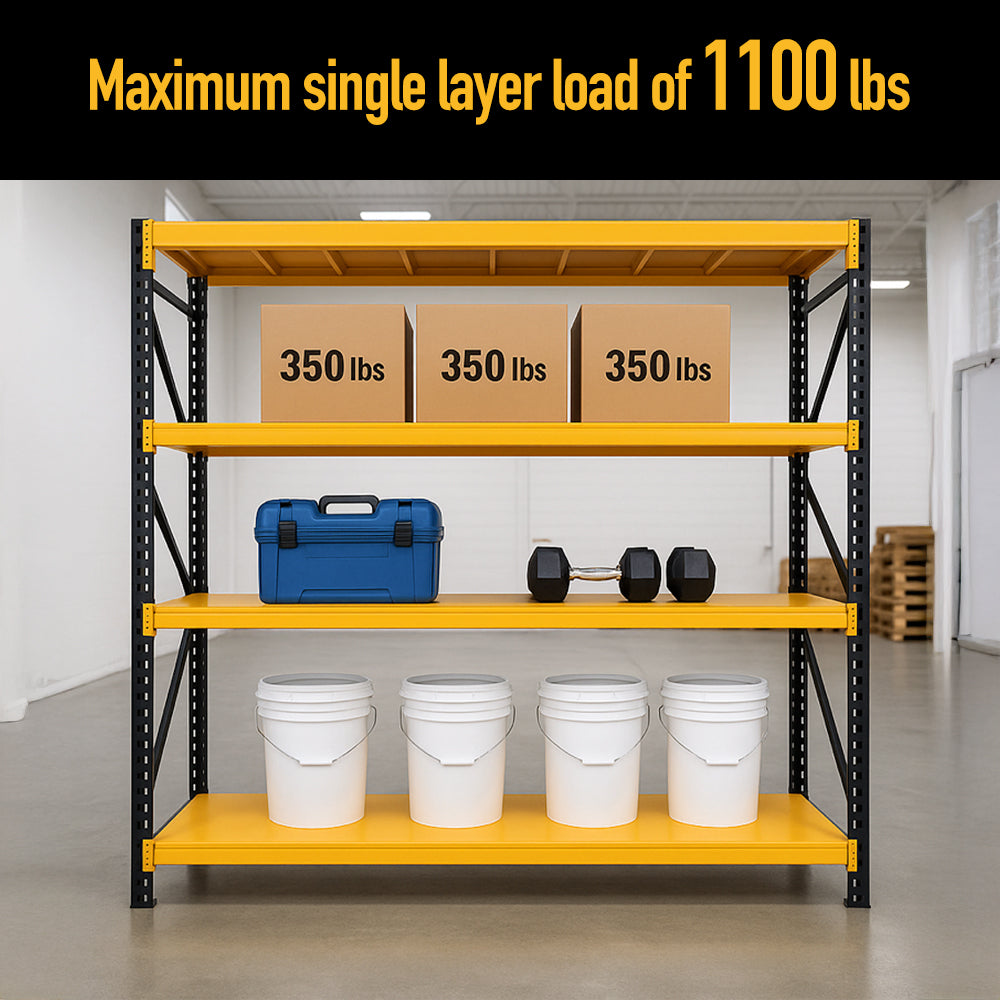 Heavy-Duty 4-Tier Shelf, Industrial-grade metal storage rack with 5500 lbs load capacity. Adjustable 4-tier design, ideal for garages, warehouses, tools, and heavy equipment.