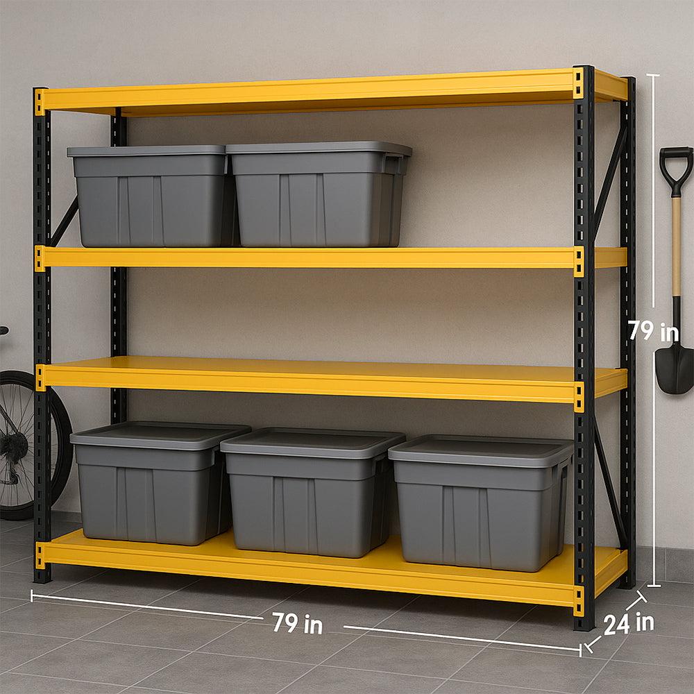 Heavy-Duty 4-Tier Shelf, Industrial-grade metal storage rack with 5500 lbs load capacity. Adjustable 4-tier design, ideal for garages, warehouses, tools, and heavy equipment.