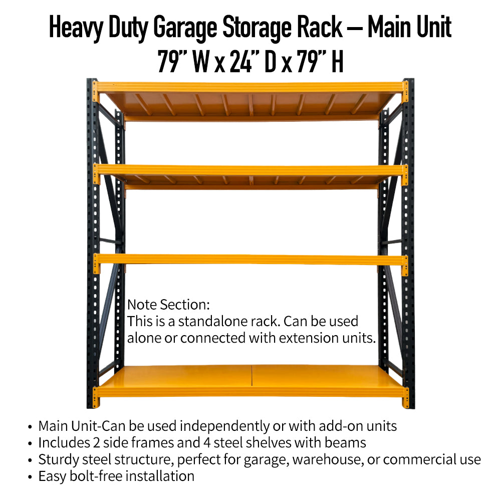 Heavy-Duty 4-Tier Shelf, Industrial-grade metal storage rack with 5500 lbs load capacity. Adjustable 4-tier design, ideal for garages, warehouses, tools, and heavy equipment.