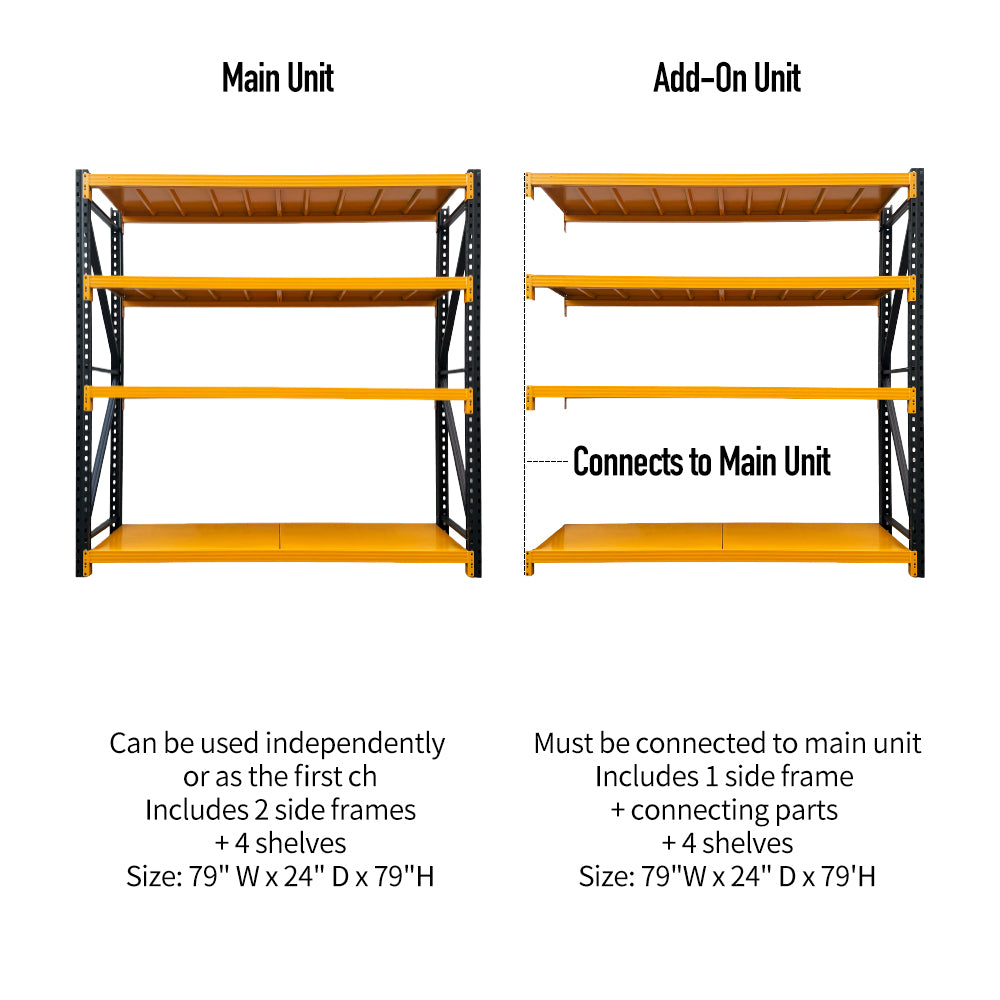 Heavy-Duty 4-Tier Shelf, Industrial-grade metal storage rack with 5500 lbs load capacity. Adjustable 4-tier design, ideal for garages, warehouses, tools, and heavy equipment.